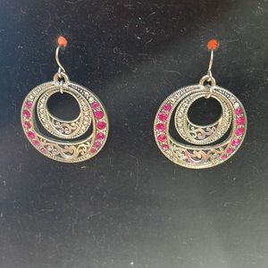 Costume Silver Dangle Earrings with Pink Stones